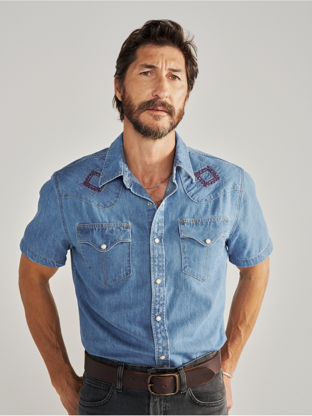 Tecovas Men's Denim Short Sleeve Pearl Snap TURQUOISE/MULTI Blue